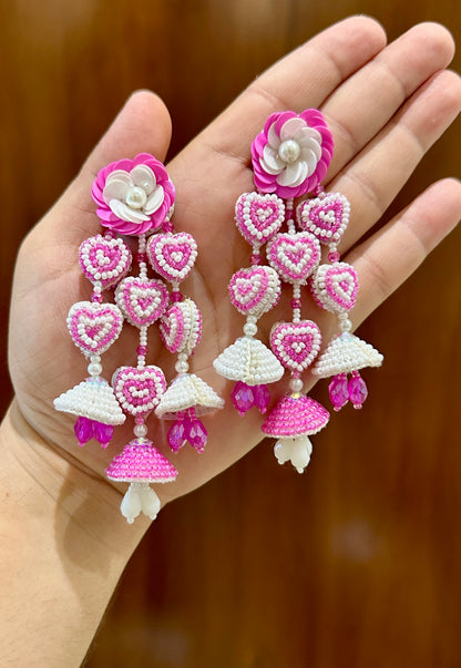 Pink & White Handmade Beaded Heart Jhumka Earrings
