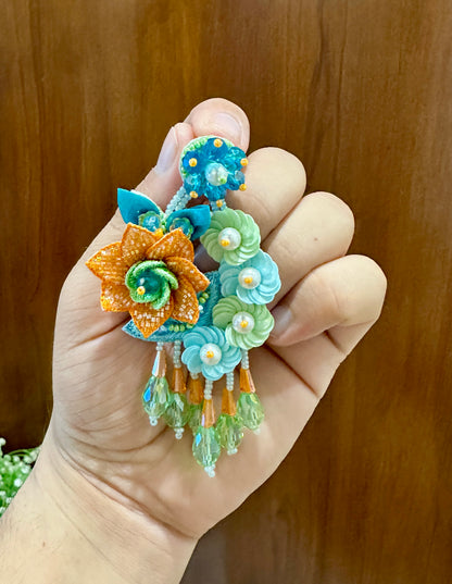 Orange & Aqua Floral Beaded Statement Earrings