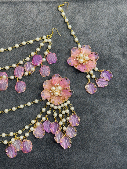 Pink Lilac Ombré Floral Earring Tikka Set ET0019