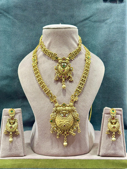 Antique Gold Chandbali Pendant Bridal Double Necklace Set with Drop Earrings NS00024