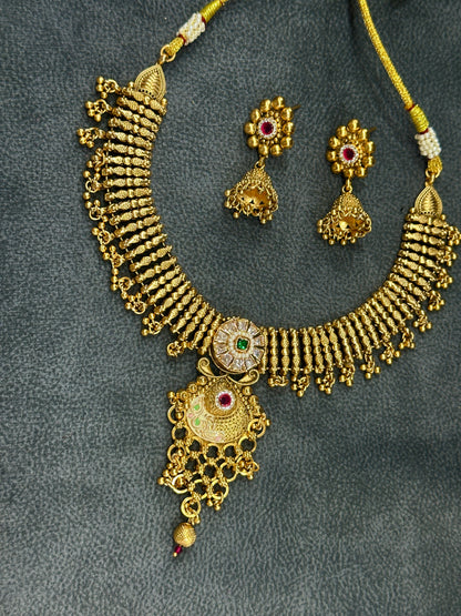 Antique Gold Meenakari Choker Necklace Set with Jhumka Earrings NS00029