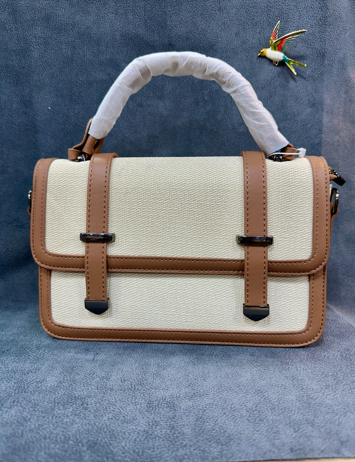 Cream Canvas & Tan Leather Satchel Crossbody Bag HB007