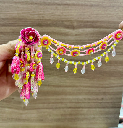 Beaded Handmade Jewellery Pink Yellow Earring Tikka Set