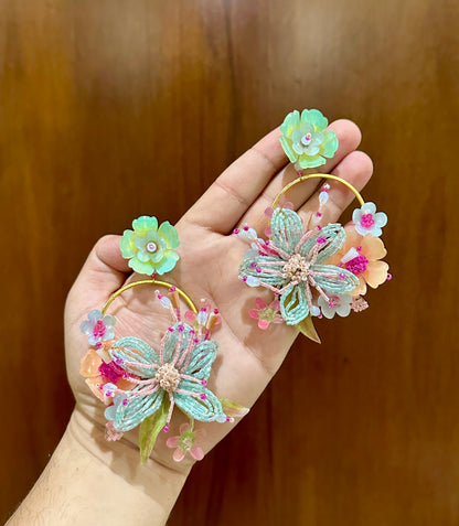 Mint Bloom Handmade Beaded Floral Hoop Earrings