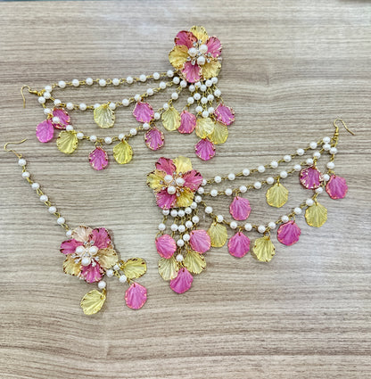 Yellow Pink Earring Tikka Set