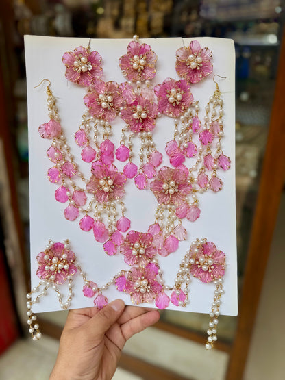 Ethereal Blossom: Handcrafted Pearl & Fuchsia Floral Resin Jewellery Set.