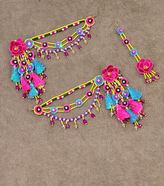Beaded Earring Tikka Set in Pink, Yellow & Blue