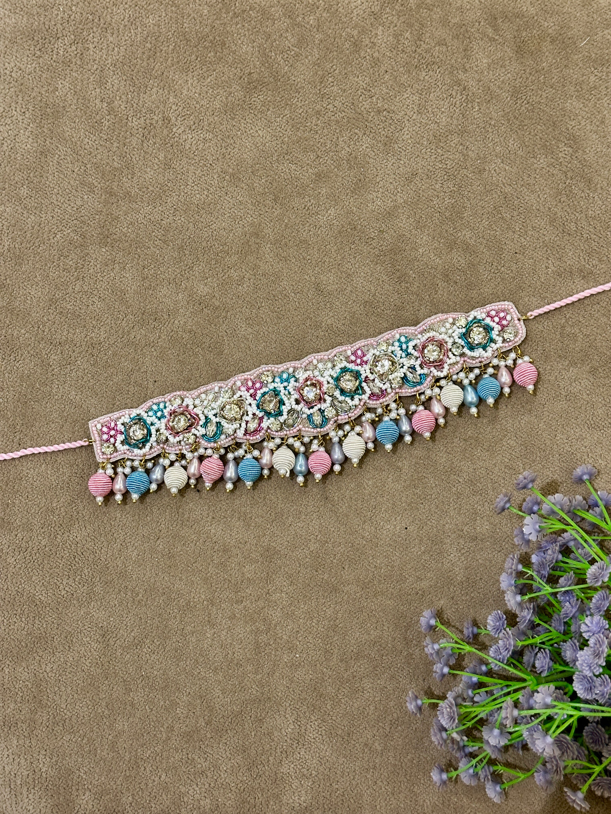 Pastel Blush Beaded Bridal Jewellery Set – Necklace, Earrings, Tikka & Hathphool