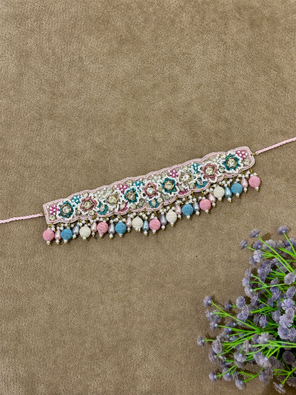 Pastel Blush Beaded Bridal Jewellery Set – Necklace, Earrings, Tikka & Hathphool