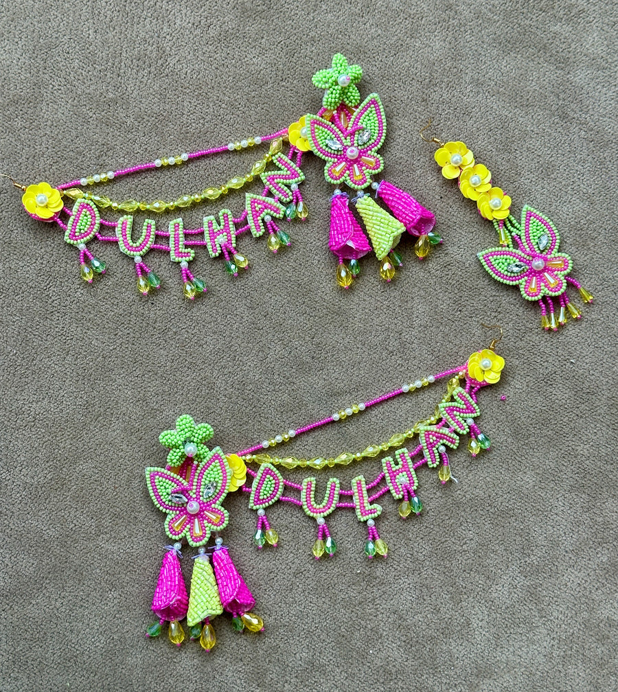 Dulhan Beaded Butterfly Earring & Tikka Set – Hot Pink & Lime Green