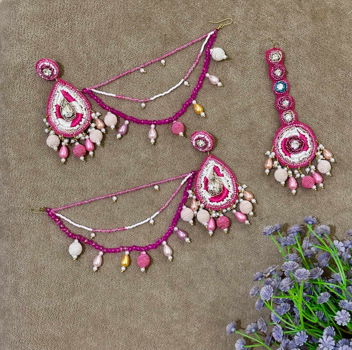 Magenta Soutache Bridal Jewellery Set – Necklace, Earrings, Tikka & Hathphool