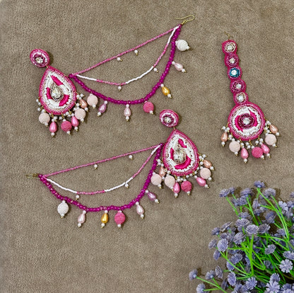 Magenta Soutache Bridal Jewellery Set – Necklace, Earrings, Tikka & Hathphool