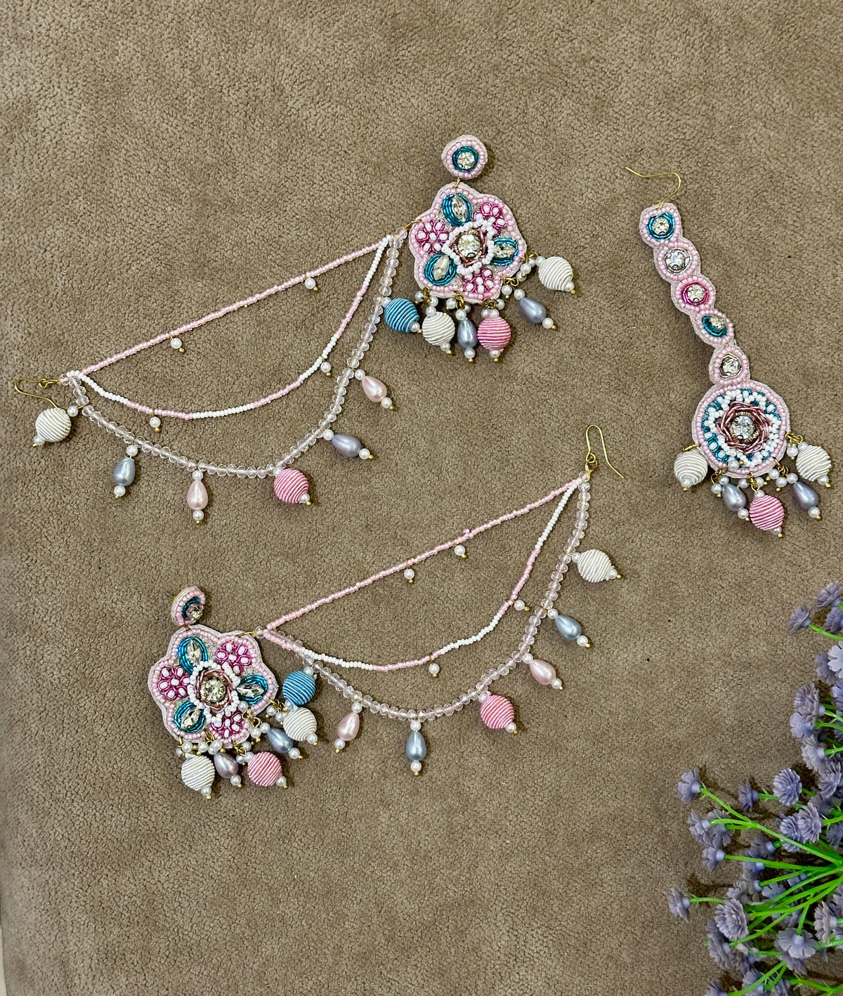Pastel Blush Beaded Bridal Jewellery Set – Necklace, Earrings, Tikka & Hathphool