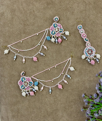 Pastel Blush Beaded Bridal Jewellery Set – Necklace, Earrings, Tikka & Hathphool