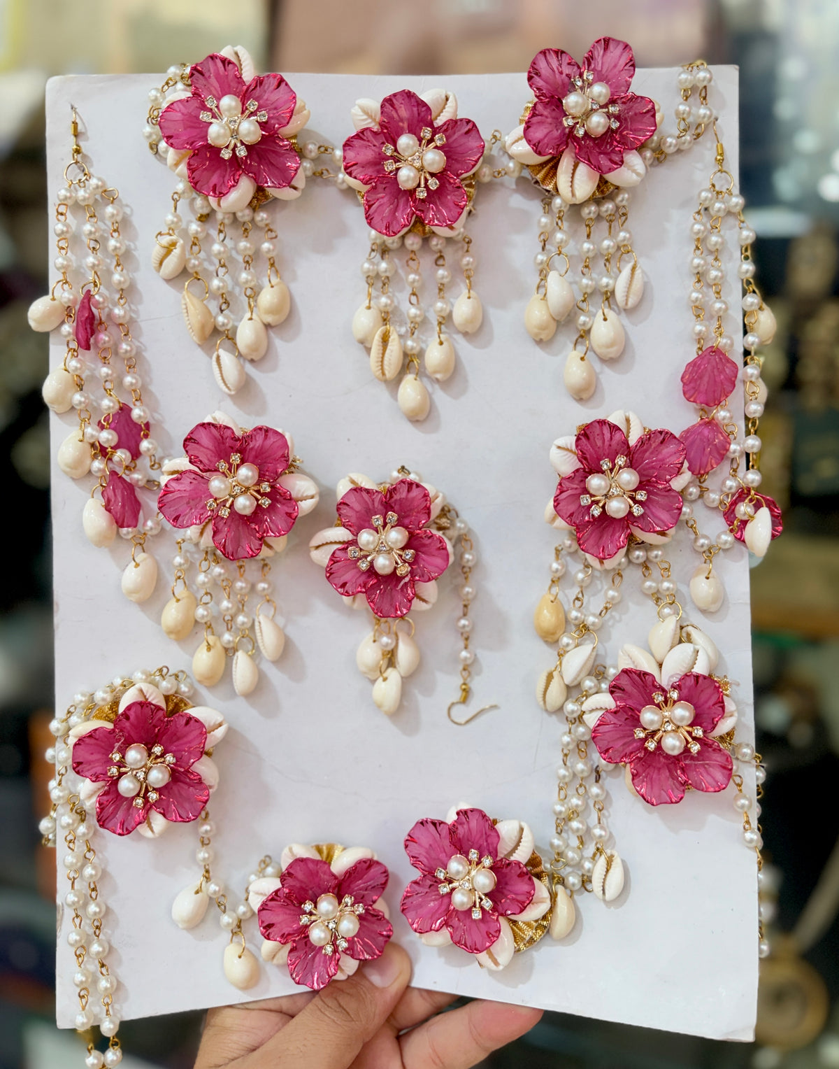 Enchanting Blossoms and Cowrie Dark Pink Shells Floral Jewellery Set K105