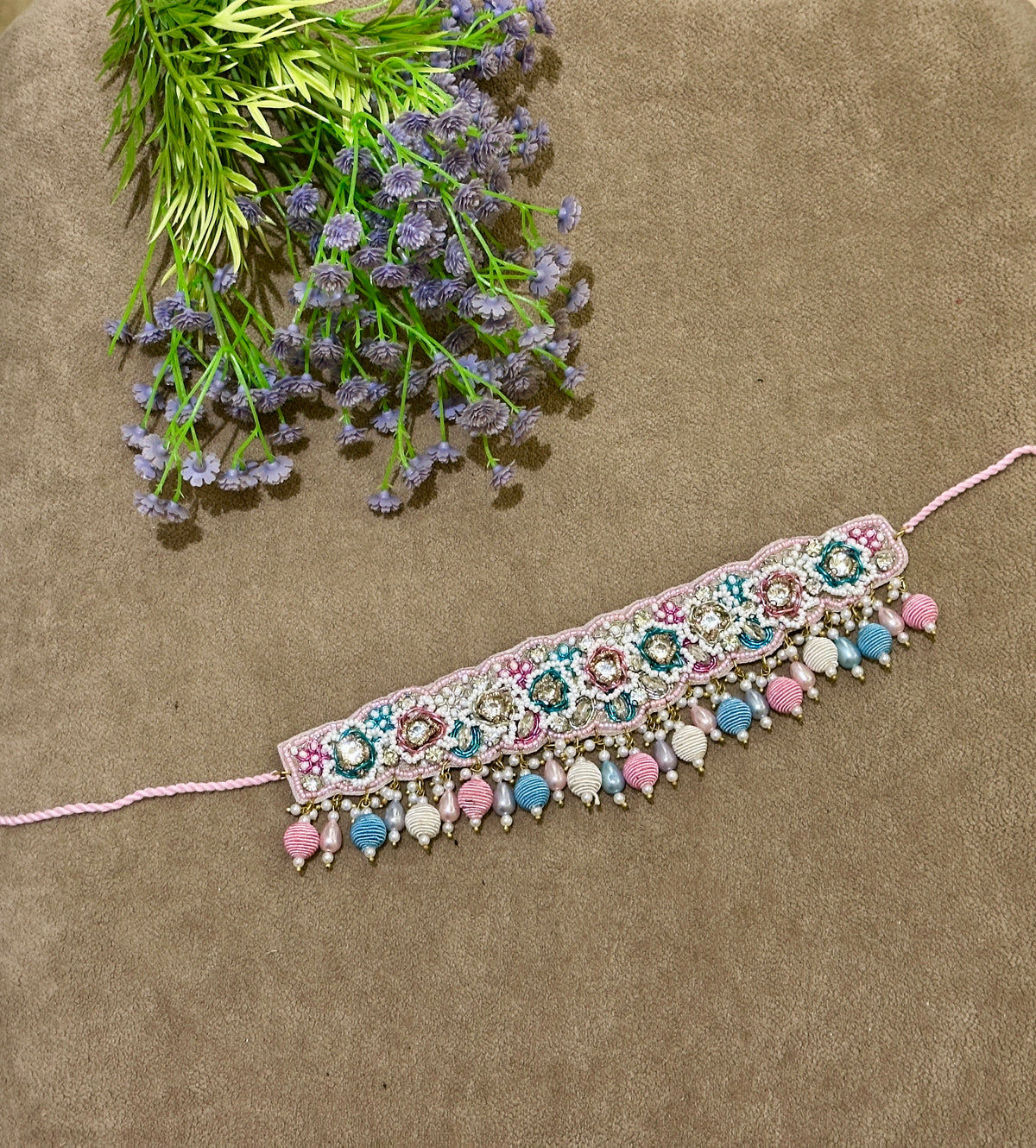 Pastel Blush Beaded Bridal Jewellery Set – Necklace, Earrings, Tikka & Hathphool