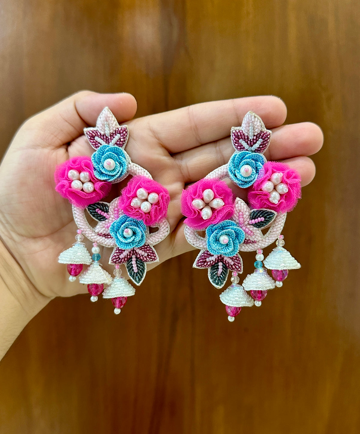 Pink & Turquoise Handmade Floral Beaded Jhumka Earrings