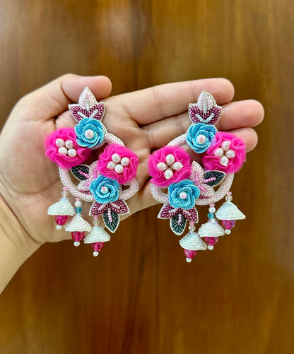 Pink & Turquoise Handmade Floral Beaded Jhumka Earrings