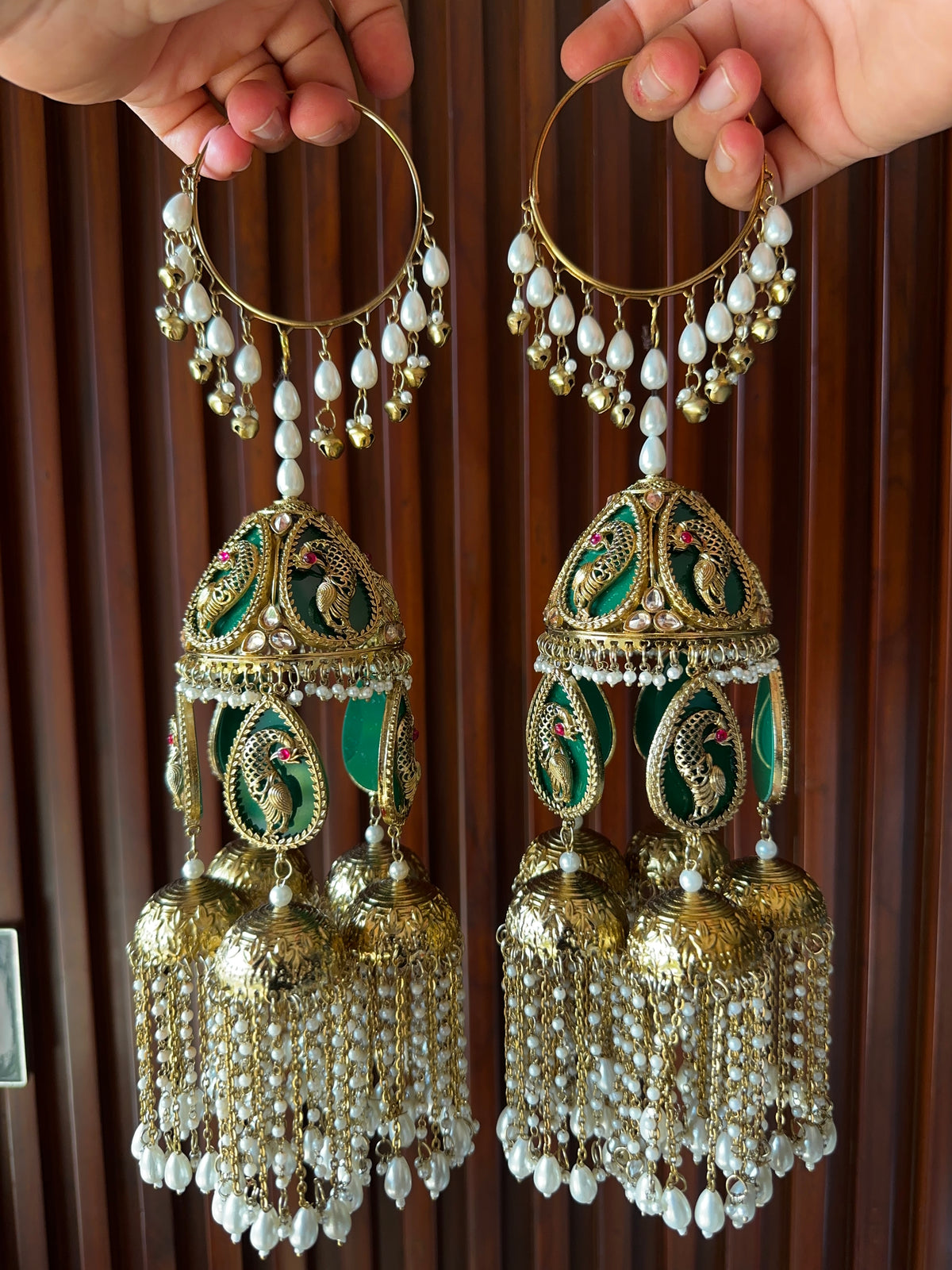 Green Peacock Bridal Antique Kaliras with Pearl-Like Drops