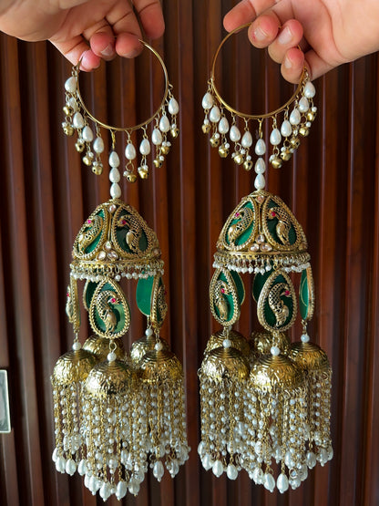 Green Peacock Bridal Antique Kaliras with Pearl-Like Drops