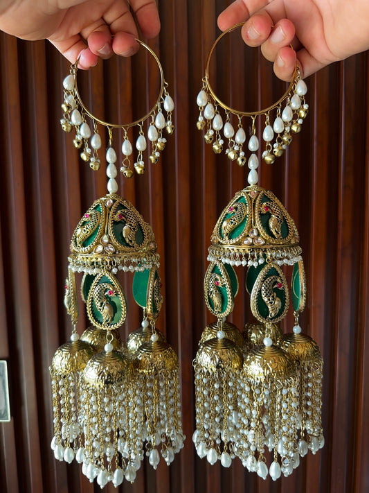 Green Peacock Bridal Antique Kaliras with Pearl-Like Drops