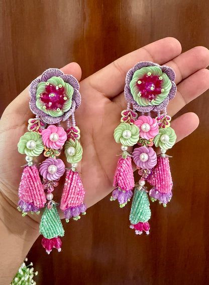 Pink & Mint Floral Beaded Tassel Earrings