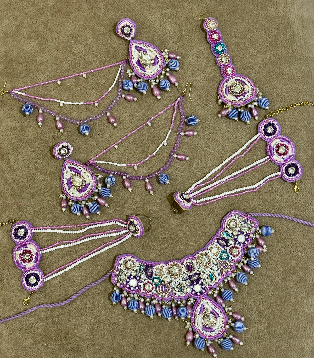 Lilac Beaded Haldi Jewellery Set – Necklace, Earrings, Tikka & Hathphool