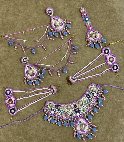 Lilac Beaded Haldi Jewellery Set – Necklace, Earrings, Tikka & Hathphool