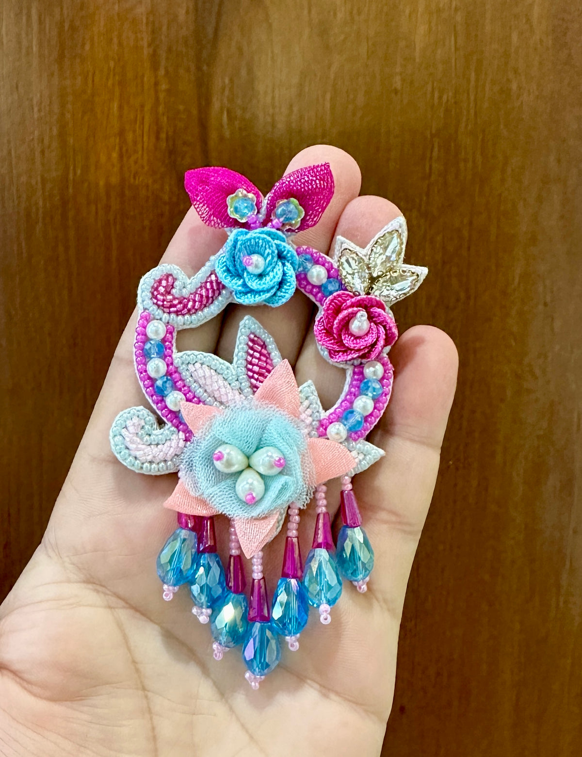 Turquoise & Pink Handmade Beaded Floral Drop Earrings