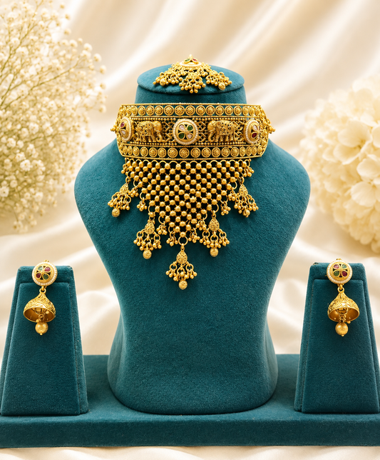 Antique Gold Bridal Choker Set with Jhumka Earrings & Maang Tikka NS00031