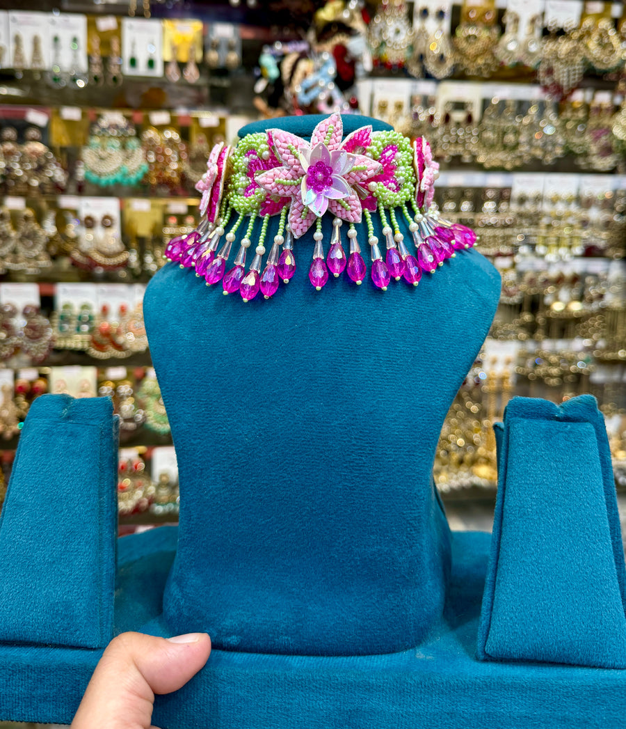 Blush Pink Floral Bride Beaded Haldi Mehendi Jewellery Set