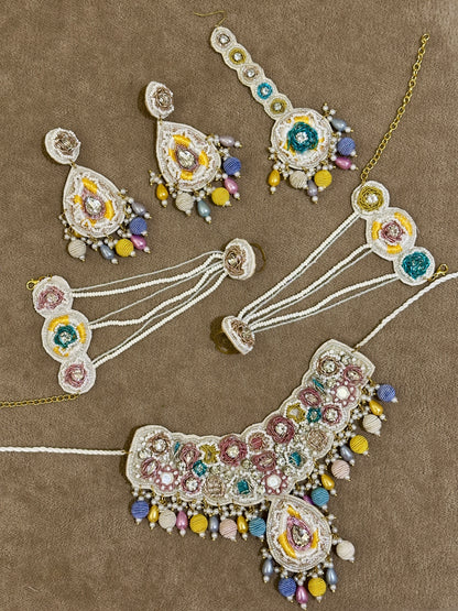 Pastel Beaded Haldi Jewellery Set – Necklace, Earrings, Tikka & Hathphool