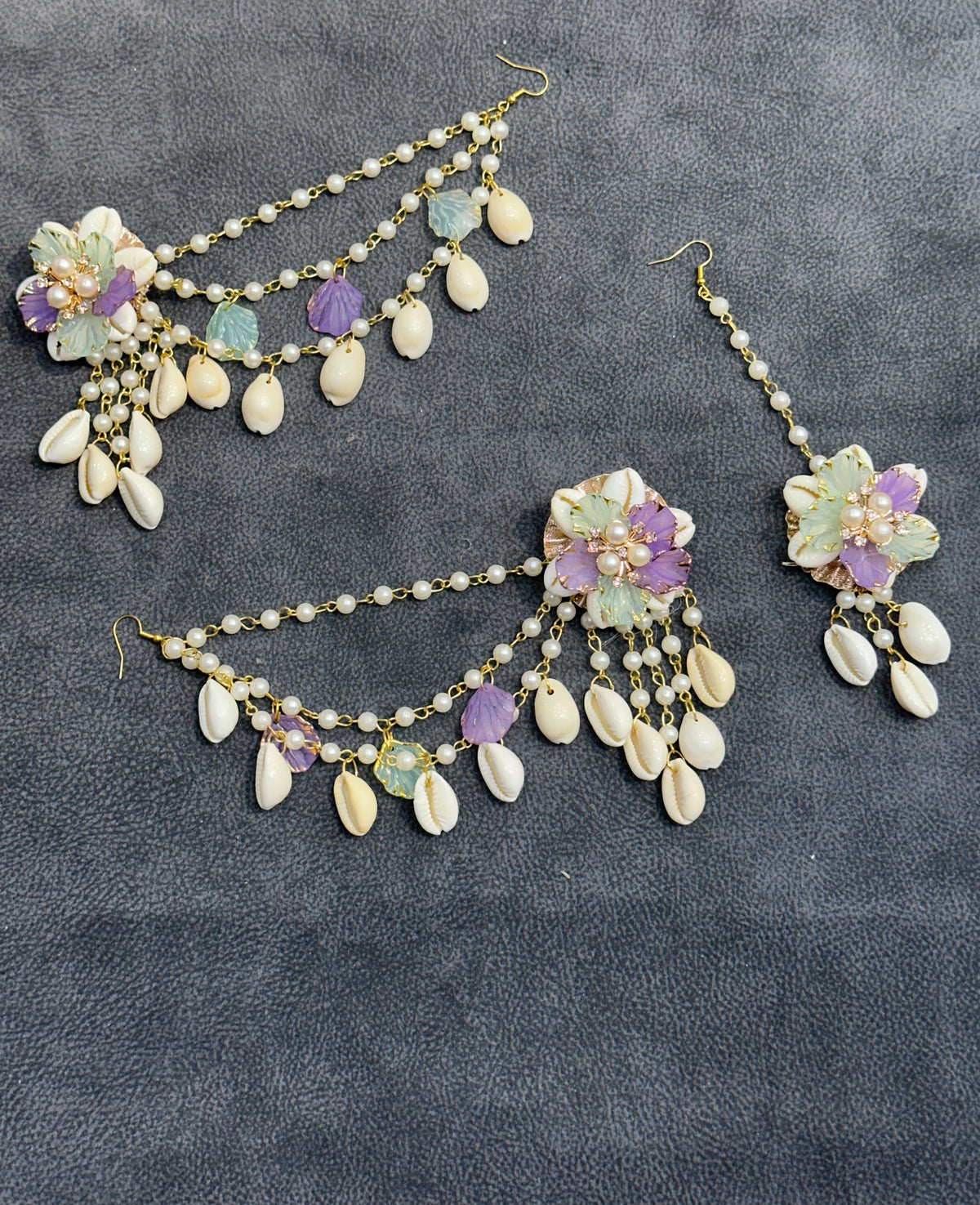 Lilac & Mint Cowrie Shell Floral Earring Tikka Set ET007