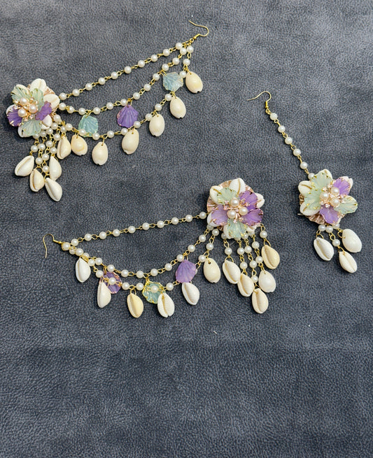 Lilac & Mint Cowrie Shell Floral Earring Tikka Set ET007