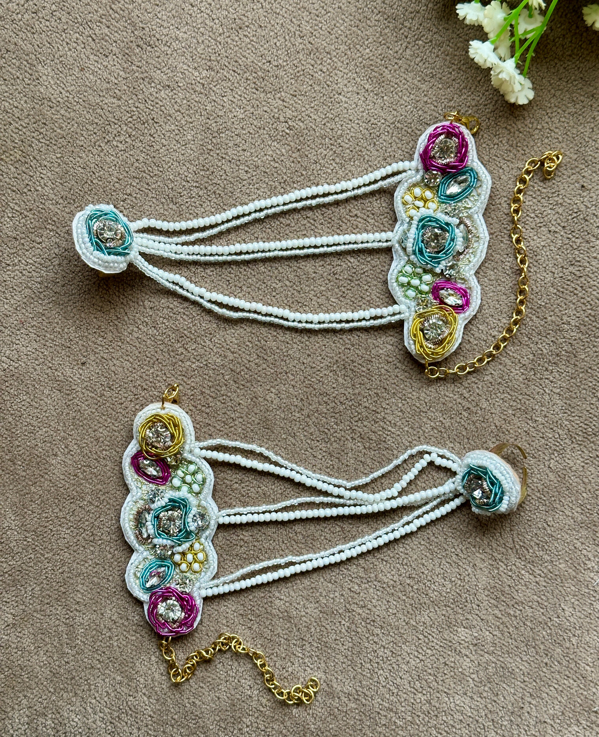 Ivory Pastel Beaded Bridal Jewellery Set – Necklace, Earrings, Tikka & Hathphool