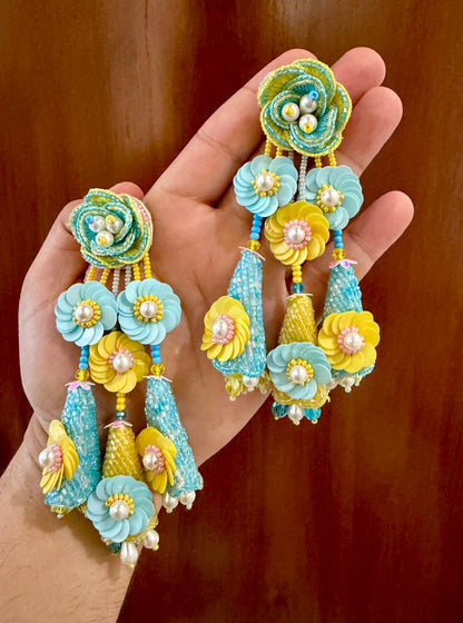 Aqua Blue & Yellow Handmade Floral Beaded Earrings