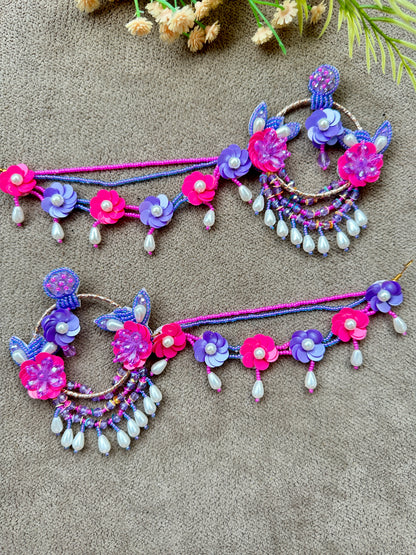 Floral Beaded Chandbali Earring Tikka Set – Pink & Purple