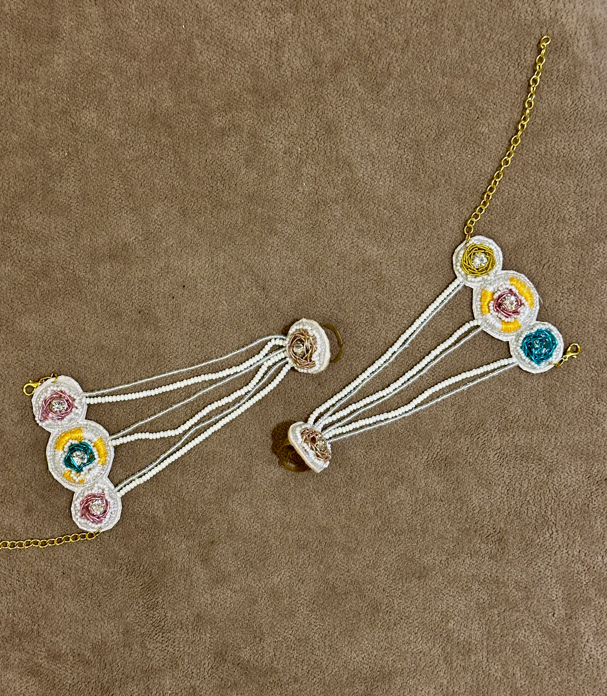 Pastel Beaded Haldi Jewellery Set – Necklace, Earrings, Tikka & Hathphool