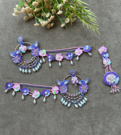 Floral Beaded Chandbali Earring Tikka Set – Purple & Blush Pink