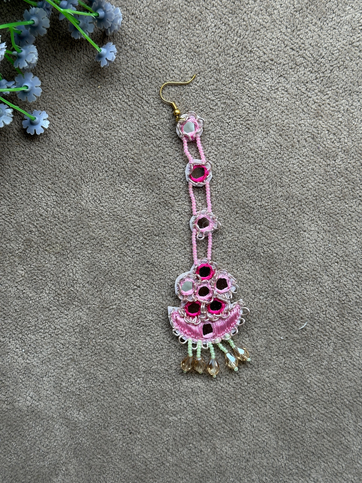 Pink Bride Beaded Earring Tikka Set with Mirror Work & Jhumki