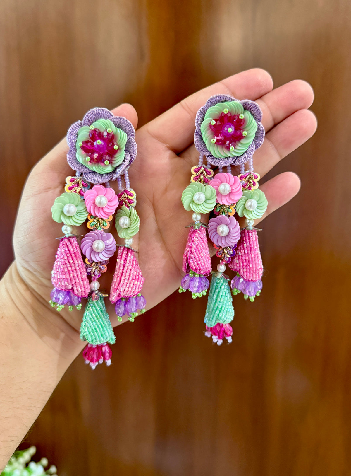 Pink & Mint Floral Beaded Tassel Earrings