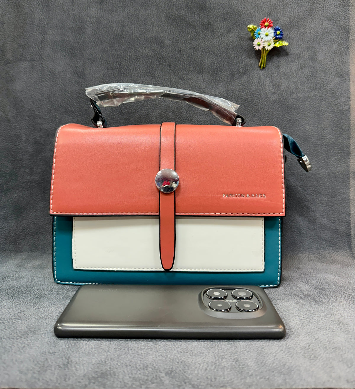 Coral & Teal Colour-Block Crossbody Satchel Bag HB005