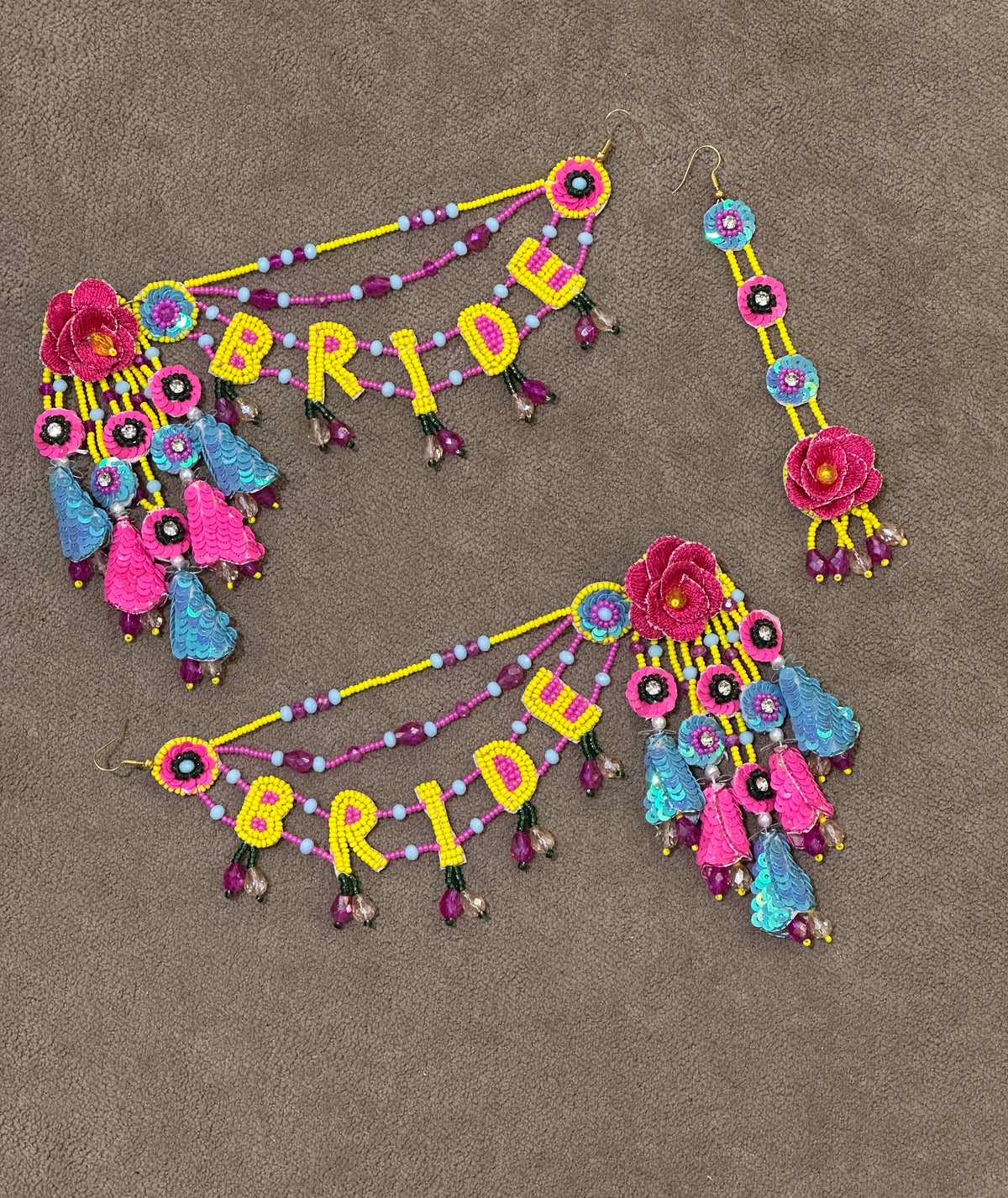 Yellow, Pink & Turquoise Floral BRIDE Earring Tikka Set