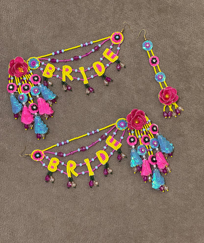 Yellow, Pink & Turquoise Floral BRIDE Earring Tikka Set