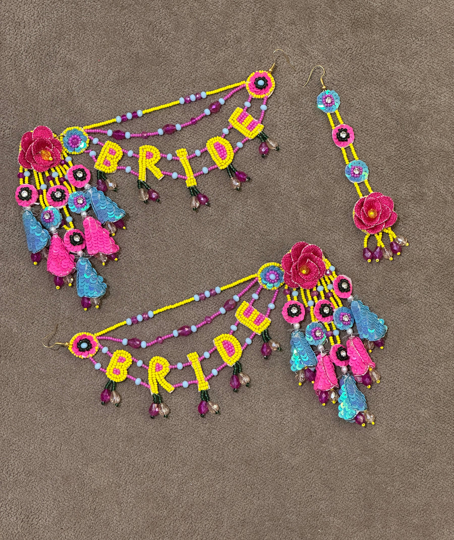 Yellow, Pink & Turquoise Floral BRIDE Earring Tikka Set