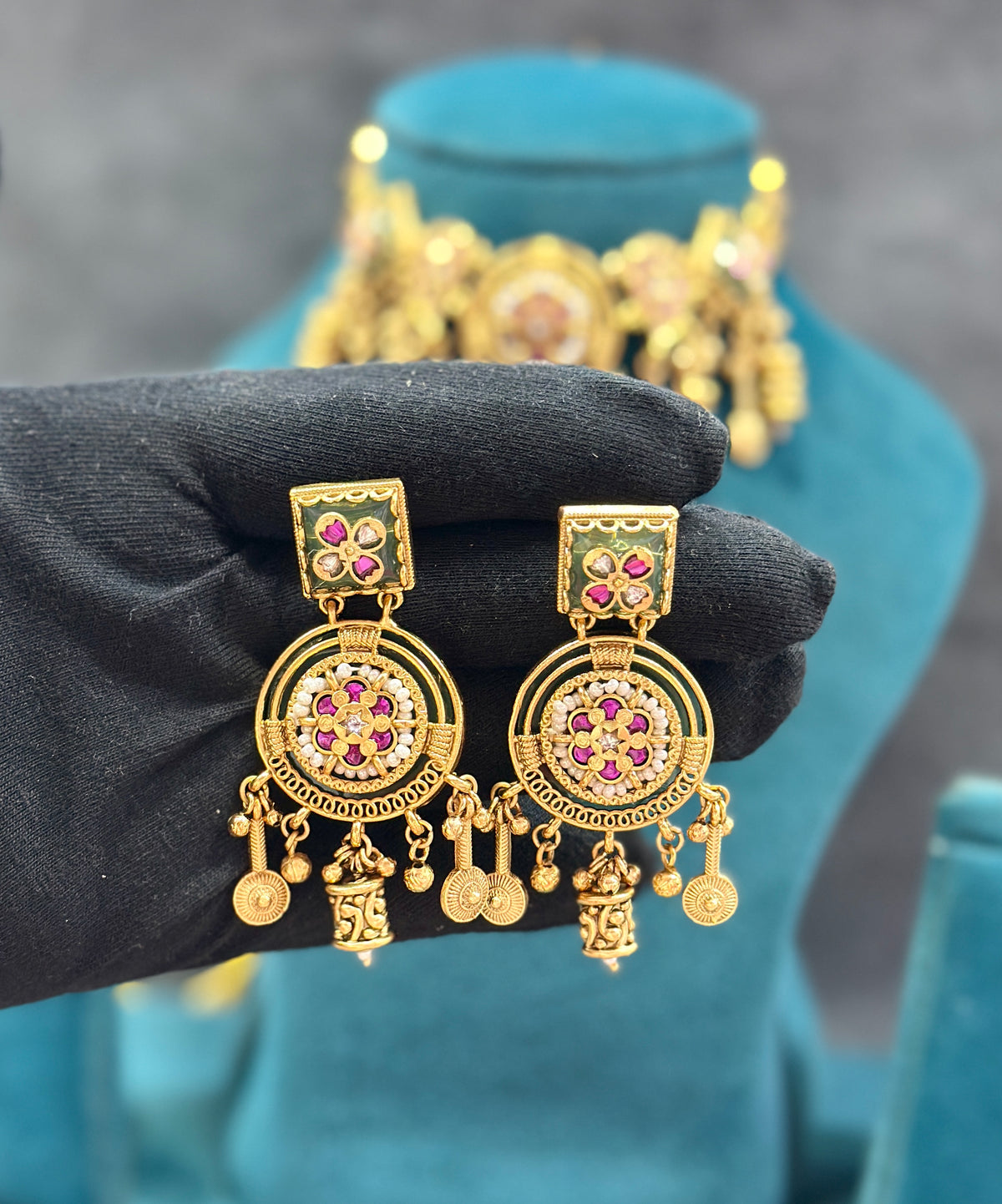 Temple Choker Necklace Set with Ruby Stones & Ghungroo Drops NS00019