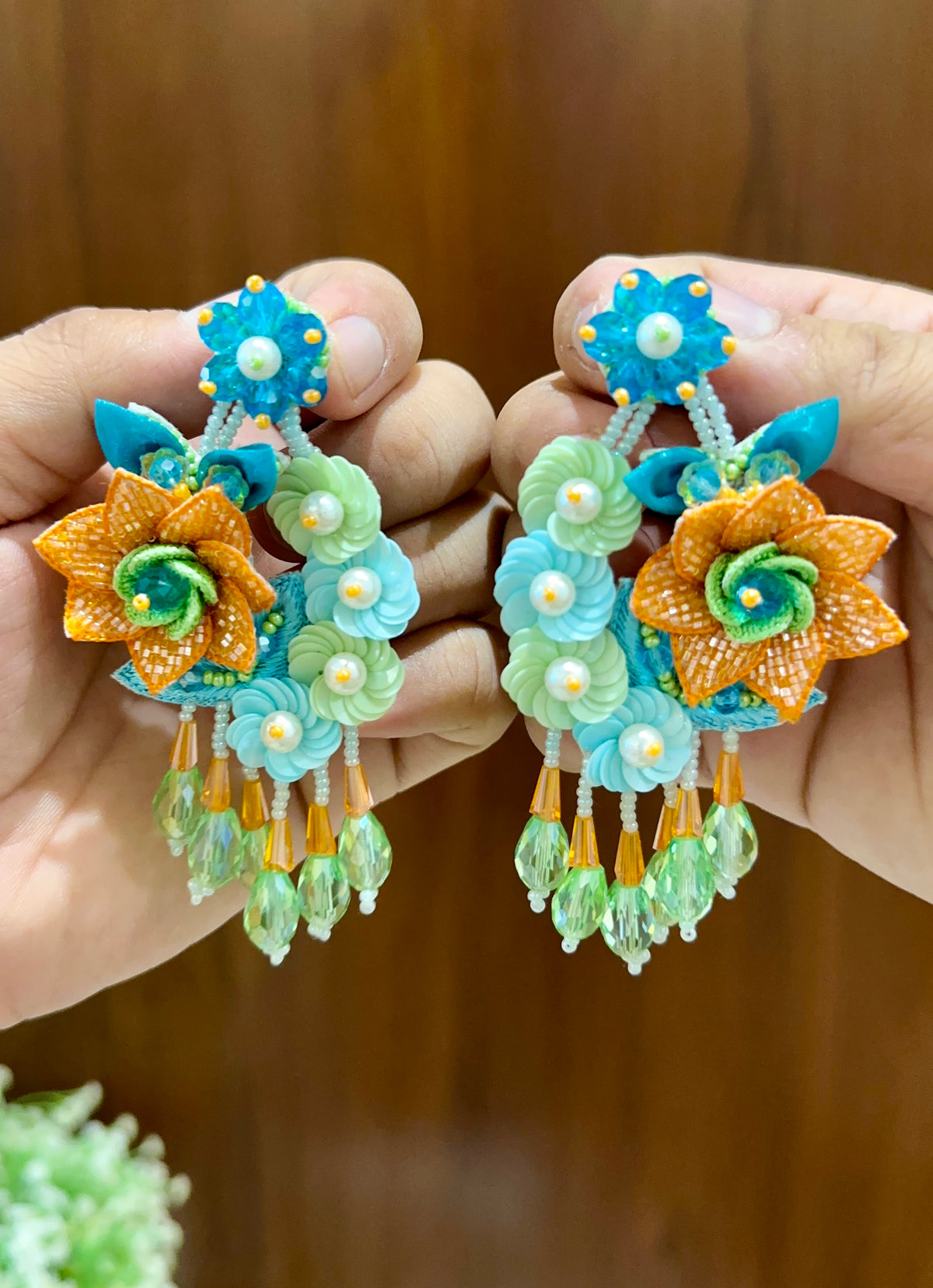 Orange & Aqua Floral Beaded Statement Earrings