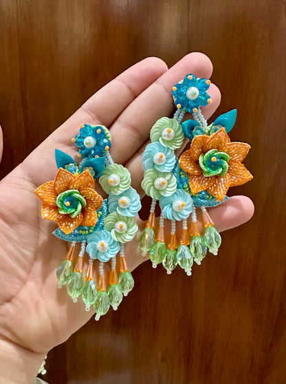 Orange & Aqua Floral Beaded Statement Earrings