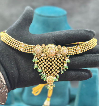 Kundan Pearl Choker Necklace Set with Mint Green Drops NS00020