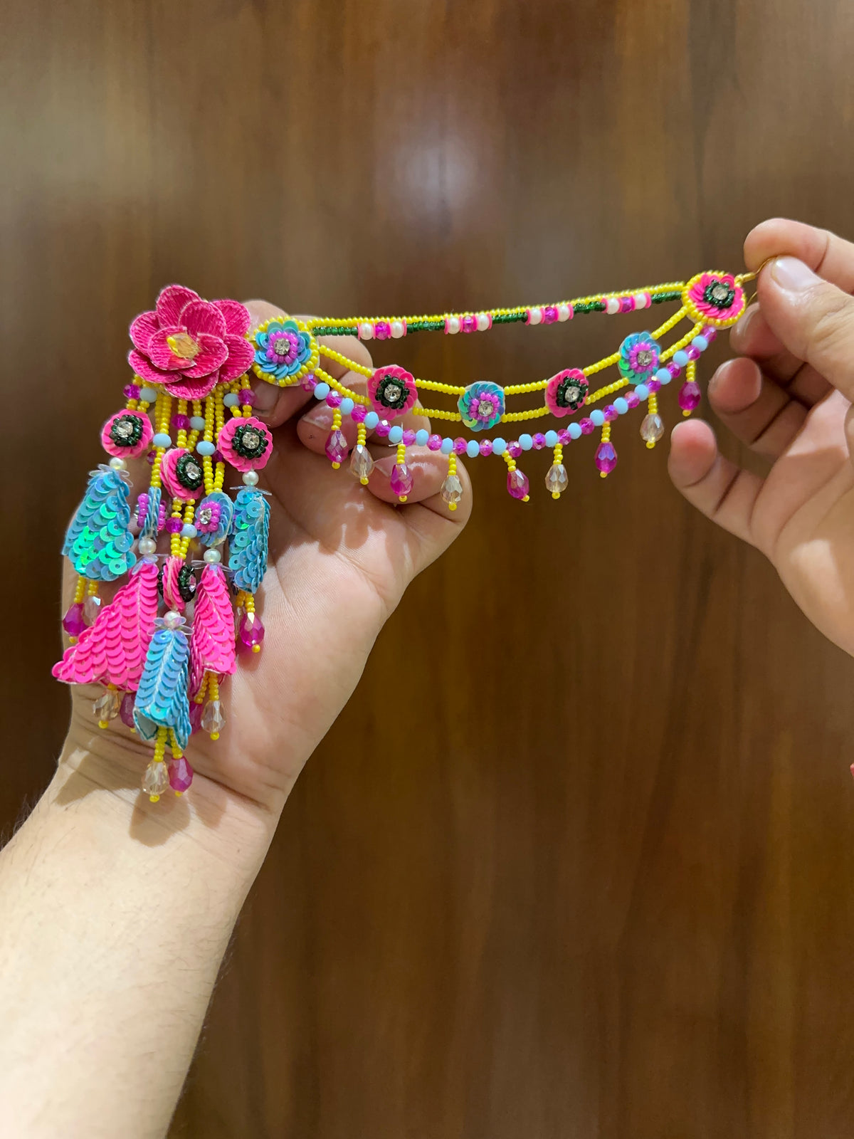 Beaded Earring Tikka Set in Pink, Yellow & Blue